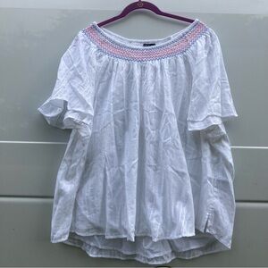 White Off-Shoulder Smocked Neck Peasant Top